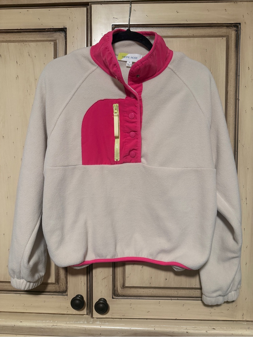 Hippie Rose Cream Fleece Pullover with Hot Pink Chest Panel